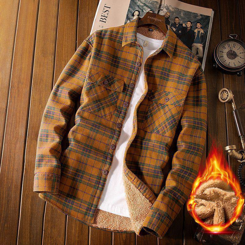Full strength plus velvet shirt men's autumn and winter plaid long-sleeved shirt men's loose casual retro warm jacket tide