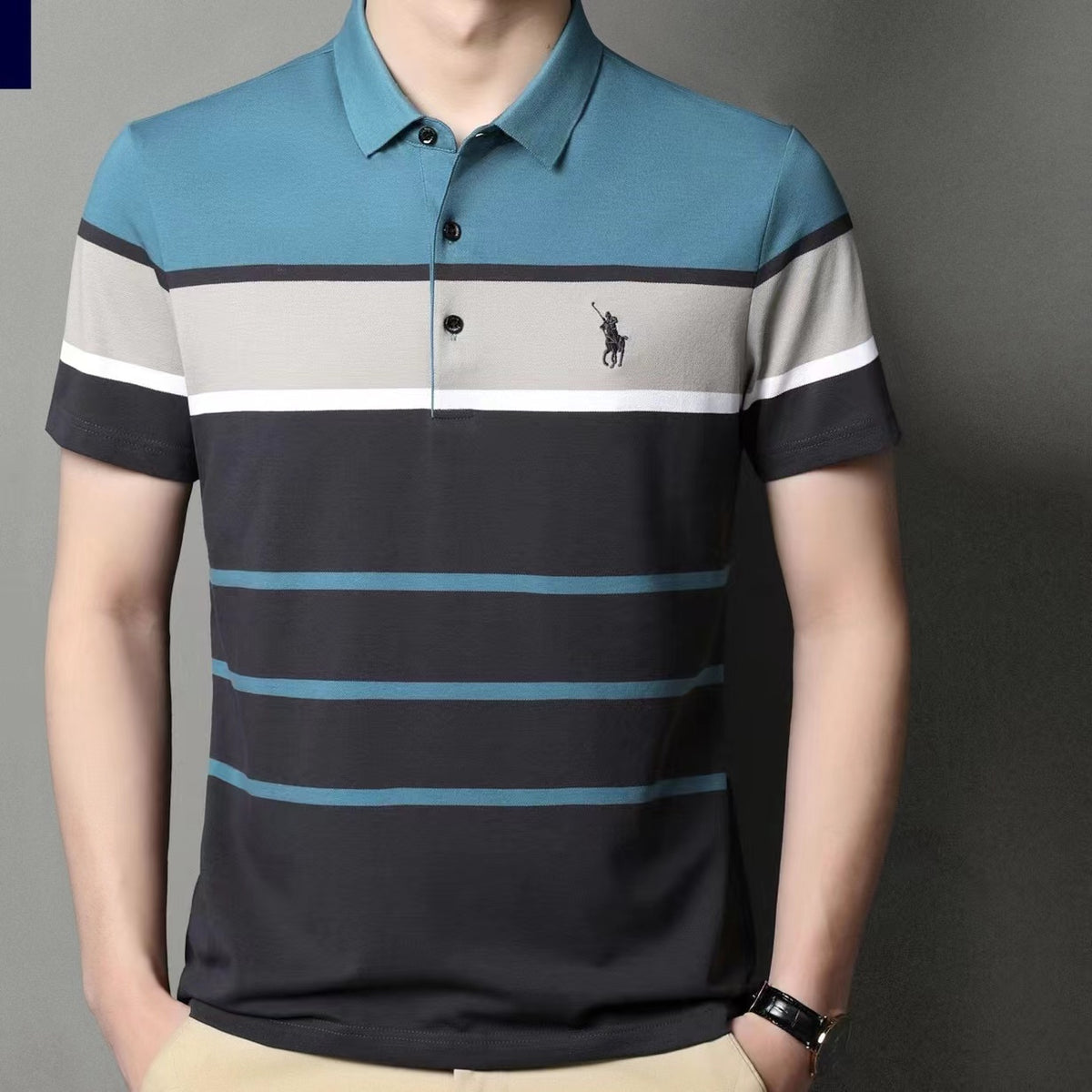 Summer casual Polo shirt turning striped short -sleeved T -shirt,